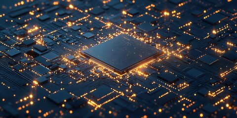 Poster - Futuristic microchip surrounded by glowing circuitry and data connections
