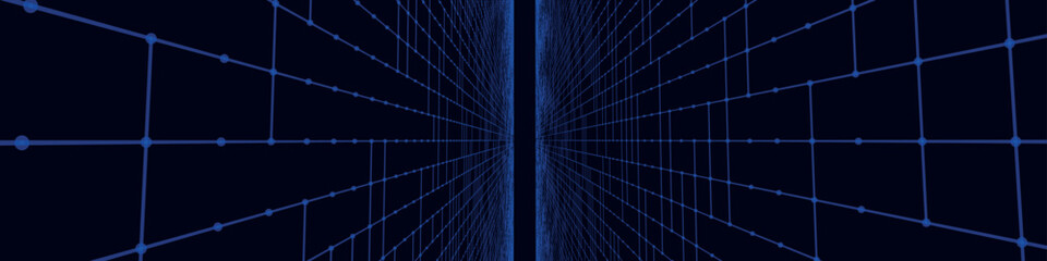 Poster - Futuristic colorful perspective grid. Abstract wireframe with blue grid on black background. Virtual landscape in digital style of 80s 90s. Simple perspective grid for design. 3D vector illustration.