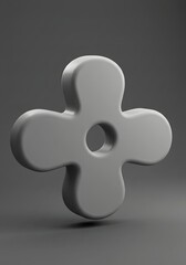 Poster - Monochrome abstract plus sign, rounded edges, with center perforation against a soft gray background, created with 3D rendering techniques