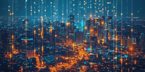Poster - Futuristic city skyline illuminated by vibrant lights and digital effects at night