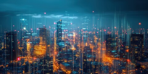 Poster - Futuristic city skyline illuminated by digital data streams and neon lights at night