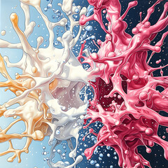 Poster - Colorful liquid splashes colliding creating an abstract artwork. Perfect for vibrant product packaging or dynamic digital art backdrops with fluid themes.