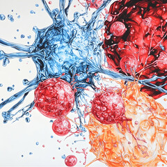 Poster - A vivid abstract depiction of cells bursting with color and detail. Could be used to illustrate scientific concepts medical presentations or educational materials.