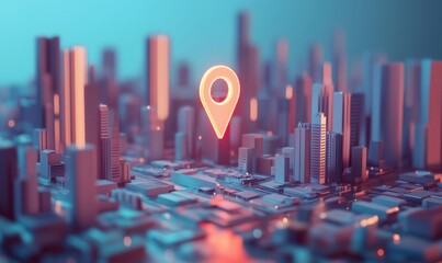 Poster - 3D cityscape with glowing location pin symbolizing navigation and urban exploration