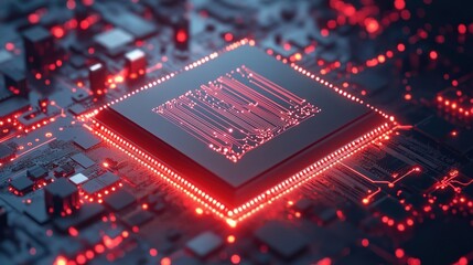 Poster - Futuristic microchip with glowing circuitry on a dark circuit board background