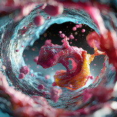 Poster - microscopic view of cells or tissue. suggests medical illustration or scientific visualization for e