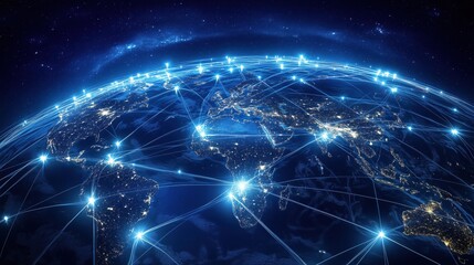 Poster - Global connectivity network illuminated over Earth at night with bright city lights