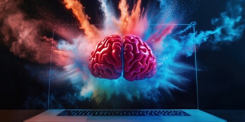 Poster - Colorful explosion of brain concept emerging from laptop screen representing creativity and innovation