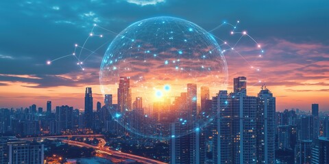 Poster - Futuristic city skyline with digital globe and network connections at sunset