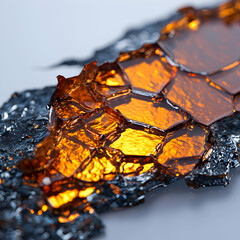 Poster - Abstract macro photo shows glowing amber-colored hexagonal shapes on a dark base. Suggests a futuristic organic or tech element. Possible use for design.