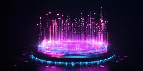 Aufkleber - Futuristic digital platform with vibrant pink and blue light beams and data visualization