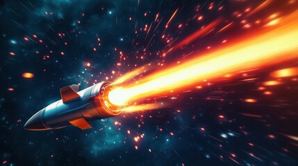 Poster - rocket launching through space with fiery exhaust and dynamic motion effects