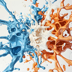 Poster - Dynamic abstract art with colliding paint splashes in blue white and orange. Use for vibrant posters or unique digital art designs.