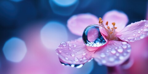 Poster - Close-up of pink flower with water droplets and bokeh background