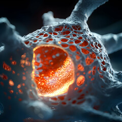Poster - an abstract artistic depiction of a cellular structure likely neuronal with glowing elements suggest