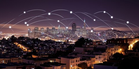 Poster - San Francisco skyline at night with digital connectivity lines illustrating network connections