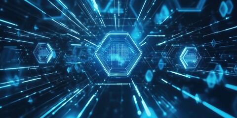 Aufkleber - Futuristic digital hexagonal shapes with glowing blue lines and data streams