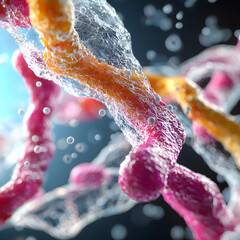 Poster - a macro shot of biological structures possibly cells or proteins. the image has vibrant colors and i
