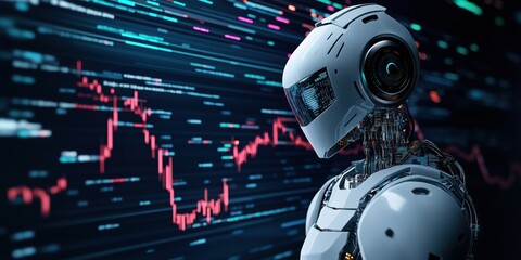 Poster - Futuristic robot analyzing financial data with digital graphs and charts