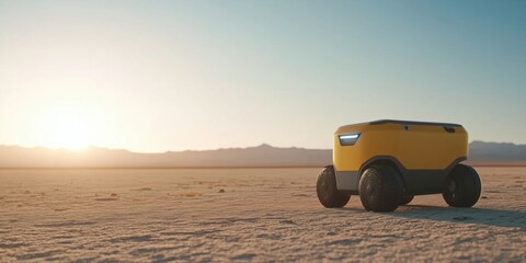 Poster - Autonomous delivery robot in desert landscape at sunset with mountains in background