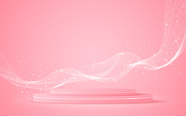 Fototapete - Pink podium with elegant white wave lines on the back for product presentation. Display of cosmetic products. Stage or podium. vector illustration.	