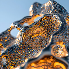 Poster - A close-up shot of a metallic object with a bubbly texture and a reflective surface. It might be a conceptual sculpture or a design element for tech themes.