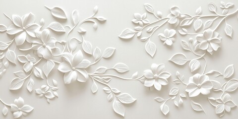 Poster - Elegant white floral relief design with intricate leaves and blossoms