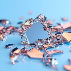 Poster - A shattered metallic frame lies amidst fragmented pieces. Suggests themes of fragility deconstruction or technological failure. Ideal for abstract design concepts.