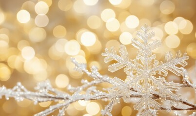 Poster - Intricate snowflake on branch with golden bokeh background creating a winter wonderland effect