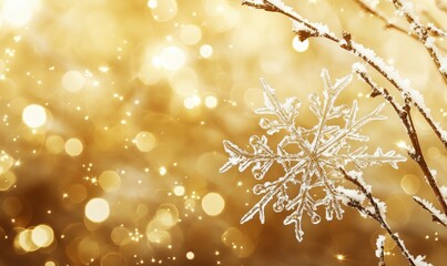Poster - Beautiful snowflake on branch with golden bokeh background and sparkling lights