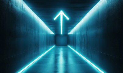 Poster - Futuristic corridor with glowing arrow sign directing forward in dark space