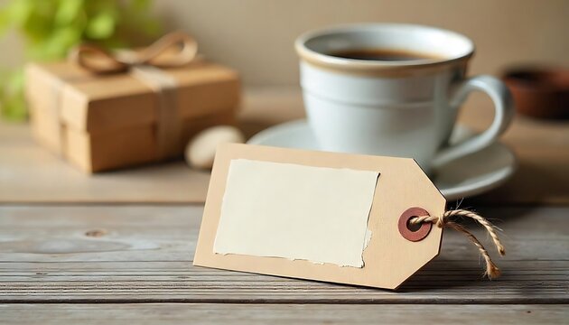 Father's day card empty tag. Space for text label. Cup and present box on table. Gift box and beverage. Objects. Summer time created with generative ai