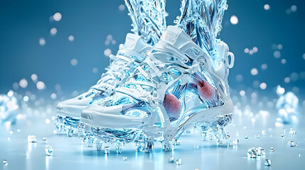 Poster - Frozen running shoes showcase icy water effects. Ideal for athletic apparel ads product visuals or creative digital art. Illustrate freezing technology.