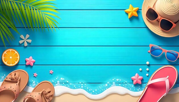 Colorful Summer banner background with Beach Accessories On Blue Plank - Summer Holiday Banner vector illustration, created with generative ai