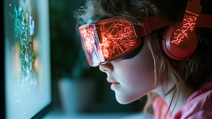 Poster - A child wearing futuristic VR gear immersed in a game. The red glowing elements hint at augmented reality gaming possibly for immersive entertainment or educational purposes.