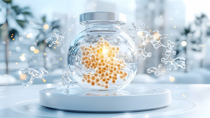 Poster - image showcases a glass jar with glowing orbs and molecule-like structures suggesting a scientific o