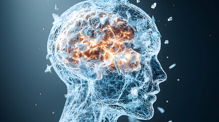 Poster - A digital illustration shows the human brain in a head outline depicting scientific advancement. It is perfect for educational materials and medical reports.