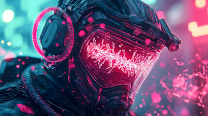 Poster - Futuristic helmet design showcasing glowing visuals and complex circuitry. Ideal for concept art sci-fi projects and futuristic interfaces.