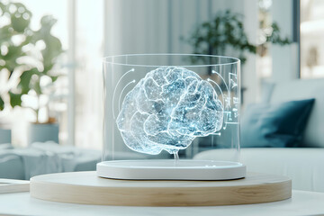 Poster - a futuristic brain concept displayed in a transparent container. this could be used in medical educa