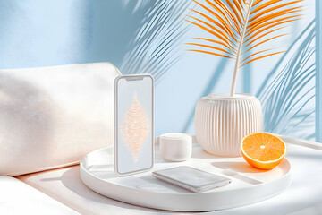 Poster - A minimalist still life scene with a phone citrus fruit and decorative objects. Perfect for showcasing product design or lifestyle content.