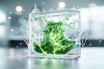 Poster - A conceptual image featuring a green energy source encased in a transparent cube with water splashes. Idea for environmental technology or renewable energy marketing.