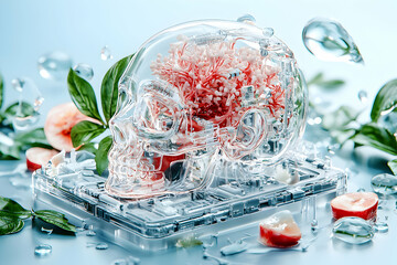 Poster - a transparent skull reveals a biological brain. it sits on a technological platform. the image combi
