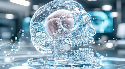 Poster - A futuristic artistic rendering of a skull made of ice revealing a brain. Use for medical or scientific presentations related to the human mind or its fragility.