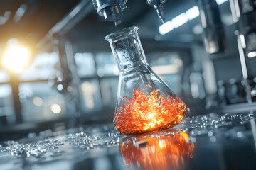 Poster - A flask containing a glowing orange substance is the focus. The scene suggests a laboratory or industrial process. Ideal for scientific or technology-related presentations.