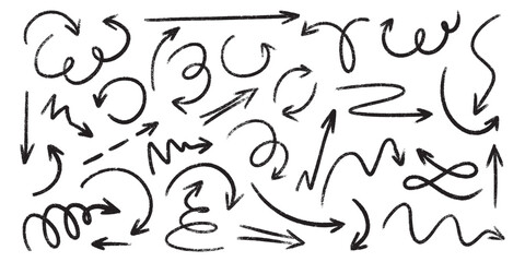 Poster - Crayon arrow sketches collection - hand drawn doodle style pointers, curved lines, round swirls. Chaotic scribbling, artistic design elements set. Black grunge brush strokes isolated on white bg.