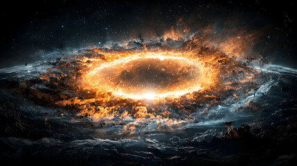 Poster - Epic cosmic vista showcasing a fiery celestial vortex. It suggests desktop wallpaper or space-themed project design for stunning visual impact.