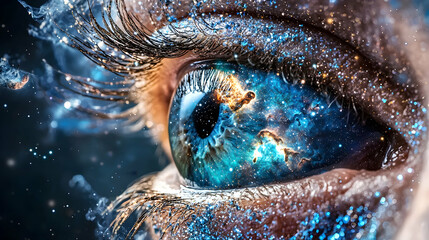 Poster - A captivating close-up of an eye reflecting a cosmic galaxy. Ideal for fantasy art book covers or surreal digital art projects.
