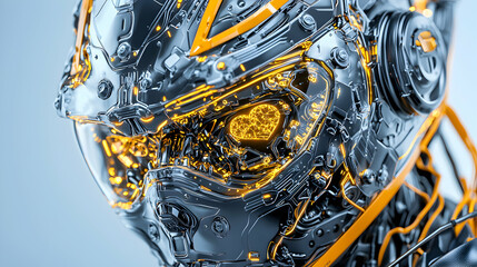 Poster - A detailed futuristic robot head with intricate glowing circuitry and a heart symbol. Could be used as concept art for science fiction or tech themes.
