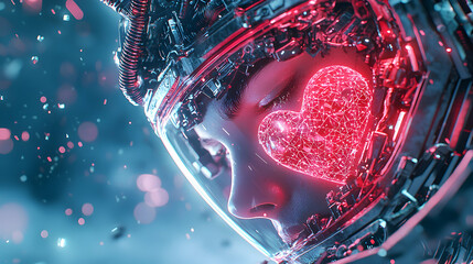 Poster - futuristic astronaut portrait with a glowing heart overlaid. suggests a blend of technology and emot