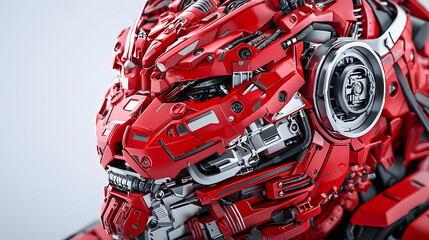 Poster - Detailed close-up of a red robotic head. It shows intricate mechanical parts and a futuristic design. Could be used for sci-fi art or digital design projects.